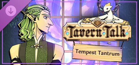An illustrated cover for the game Tavern Talk: Tempest Tantrum shows an elf with long, green hair and pointed ears, dressed in a detailed, medieval-style vest with a floral emblem at the collar. He looks off to the side with a calm, serious expression. Above him, a small white creature with a curious gaze perches on a wooden sign bearing the game’s title. The background features a softly lit window, giving a cozy, tavern-like atmosphere. Published on: LadiesGamers.