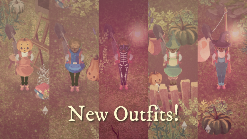 A series of Halloween-themed outfits from The Garden Path, featuring a character in various costumes, including a pumpkin head, a cozy blue jacket, a skeleton suit, a forest-inspired look, and a witch’s hat with overalls. The background is filled with pumpkins, plants, and seasonal decorations, setting a warm autumnal atmosphere. Published on: LadiesGamers.