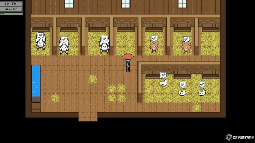 My character standing in the barn, with 3 cows and 2 goats in separate stalls. Three chickens are in a shared area. Each animal has its own food trough. The barn has windows and a water trough. Published on: LadiesGamers