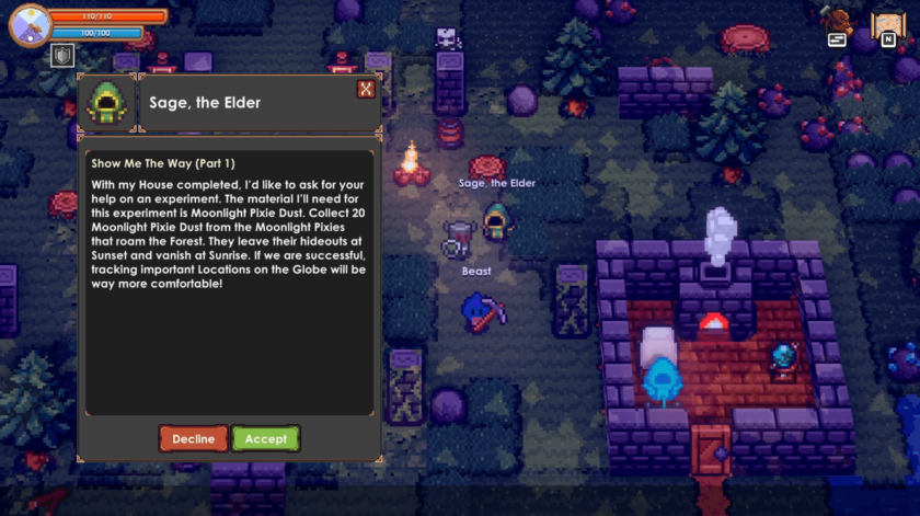 A quest dialogue from Sage, the Elder, in Tinkertown. The quest, titled "Show Me The Way (Part 1)," involves gathering 20 Moonlight Pixie Dust from Moonlight Pixies found in the forest. The player must accept or decline this task, which aims to improve the tracking of important locations on the Globe. In the background, the player stands near Sage, the Elder, next to a small stone building, with other characters and environmental details scattered around. Published on: LadiesGamers.