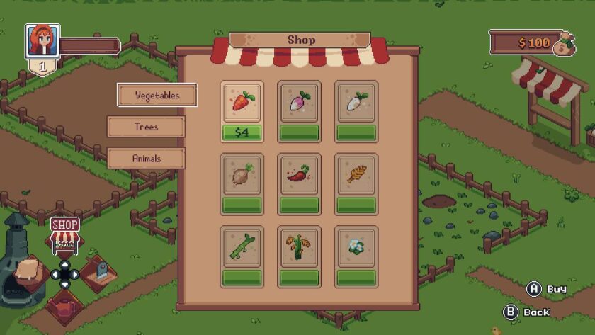 Shop menu with various crops in a 3 by 3 grid. The carrot is top left, with a cost underneath. The other pictures of crops are greyed out and have no prices. Published on: LadiesGamers