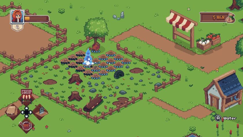 Field with a tree in one corner, and a L-shaped ploughed area with crops growing. There is a watering can hovering over the land watering the crops. Published on: LadiesGamers