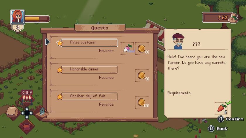 Quest menu, with the first customer saying “Hello! I've heard you are the new farmer. Do you have any carrots there?” Published on: LadiesGamers