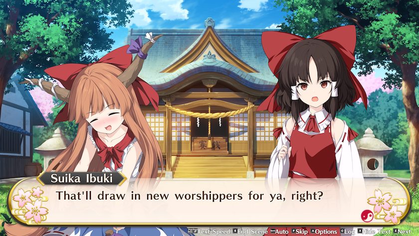 Touhou Genso Wanderer Anime girls Reimu and Suika in front of shrine, in conversation.
