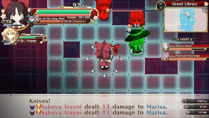 Touhou Genso Wanderer Complicated battle screen with two boss enemies and highlighted movement squares.