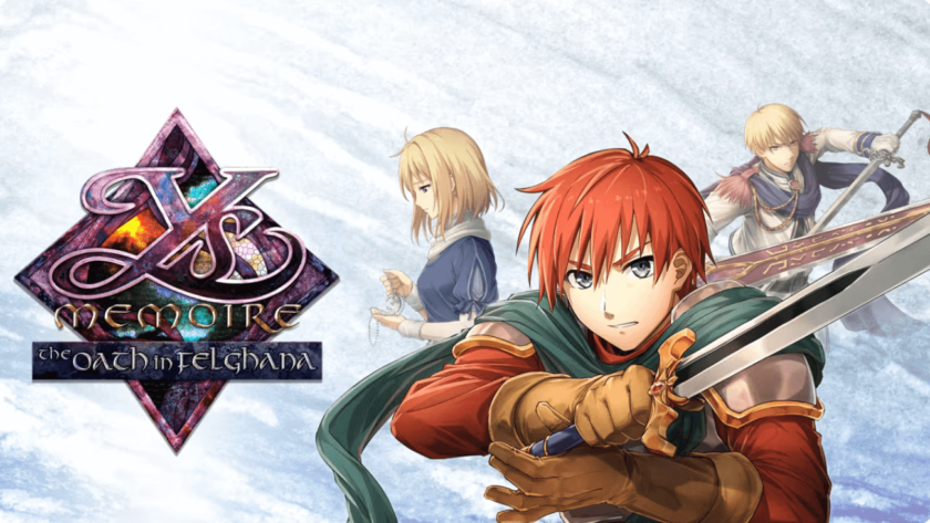 Cover image for Ys Memoire: The Oath in Felghana featuring the protagonist, Adol Christin, in the foreground with his signature red hair and a determined expression as he holds a sword ready for battle. Behind him, two other characters appear: a young woman holding a pendant, looking contemplative, and a blond warrior poised with a sword. The game’s title is prominently displayed on the left, with an intricate, stained-glass design surrounding the "Ys" logo. The background is a light, snow-like texture, adding a sense of mystery. Published on: LadiesGamers.