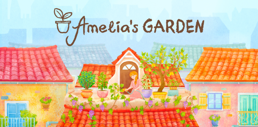Promotional artwork for Amelia's Garden, with a woman tending to pots on a roof top garden. Published on: LadiesGamers