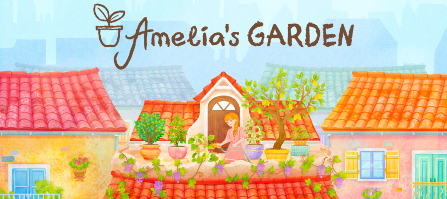 Promotional artwork for Amelia's Garden, with a woman tending to pots in a roof top garden. Published on: LadiesGamers