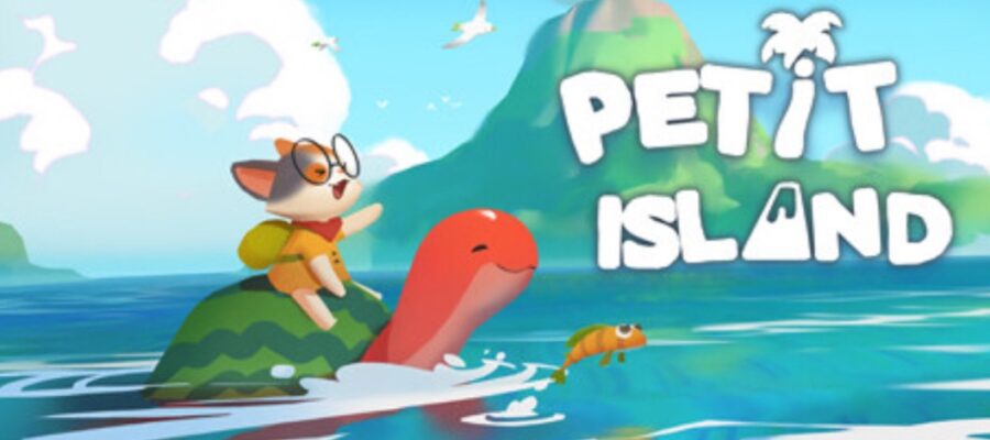 A cute anthropomorphic cat riding a turtle across a sea in front of a green mountain. The words Petit Island are displayed in bold white lettering, with the i of petit being a palm tree and the a of island a mountain. Published on LadiesGamers