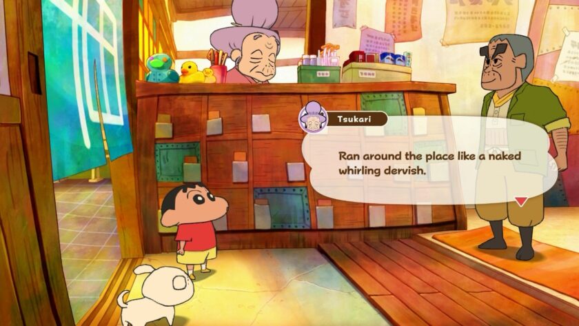 Inside a quaint store, Shin-chan listens to Tsukari, who mentions running around like a "naked whirling dervish." The shop's warm atmosphere is highlighted by wooden shelves and colorful decorations. Published on: LadiesGamers.