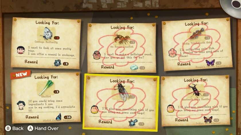 A quest board showcases different tasks, including requests for bugs and ingredients, with rewards like Iron Ore and Jade. Each quest has a unique illustration, giving players objectives to complete. Published on: LadiesGamers.