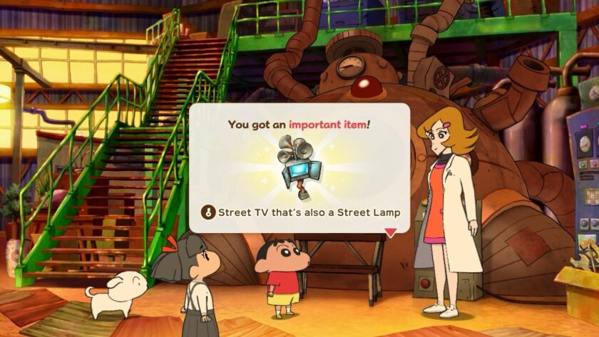 Shin-chan receives an important item, a "Street TV that's also a Street Lamp," while standing next to a scientist in a colorful, industrial lab. Shiro the dog looks on with curiosity. Published on: LadiesGamers.