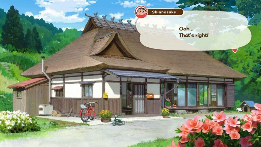 Shinnosuke stands outside a traditional Japanese farmhouse with a thatched roof, looking up with realization as he says, "Ooh... That's right!" The serene countryside setting includes potted plants, a bike, and the family's dog Shiro resting by the door. Published on: LadiesGamers.