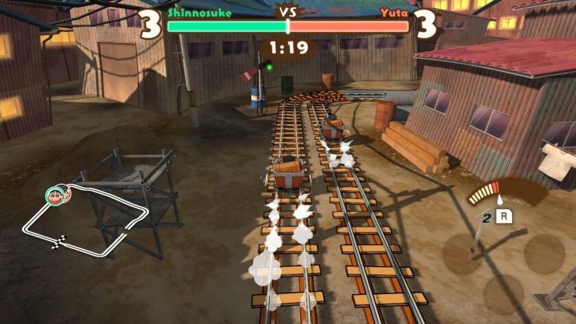 Shin-chan and Yuta race on mining carts along parallel tracks in an industrial setting. The race is close, with both carts speeding ahead, leaving trails of dust behind. The tension is heightened by the timer and score at the top. Published on: LadiesGamers.