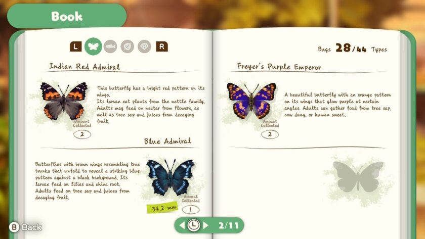 A page from the in-game book displays collected butterflies, including the Indian Red Admiral and Freyer's Purple Emperor, with detailed descriptions of each species. The collection progress is shown at the top, adding a sense of completion to the game. Published on: LadiesGamers.