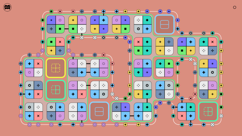 An image from Lines on Sides showing a coral coloured background and a maze of squares, with different coloured squares within those squares.