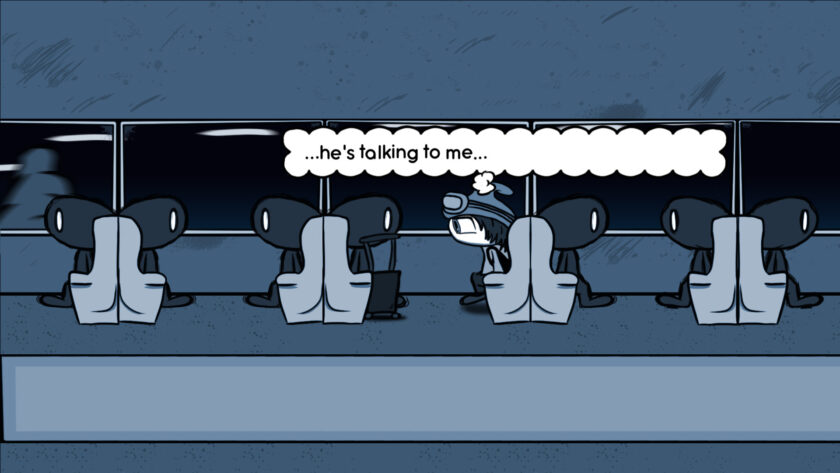 An image from MonCon showing the interior of a train with all the seats filled and the words "...he's talking to me..." over our protagonists head.