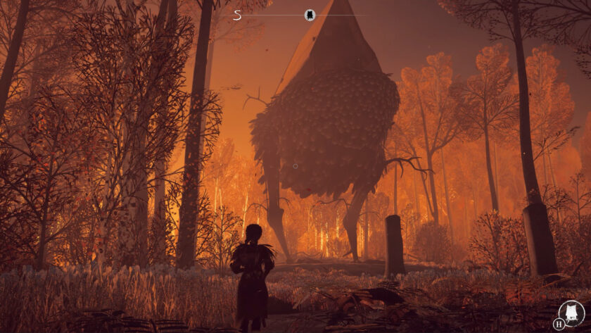 A girl in an orange wood, a chicken-legged hut in the background