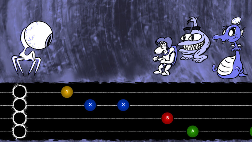 An image from MonCon showing a scene with a monster on the left and Joey and two other monsters on the right with a rhythm game underneath.
