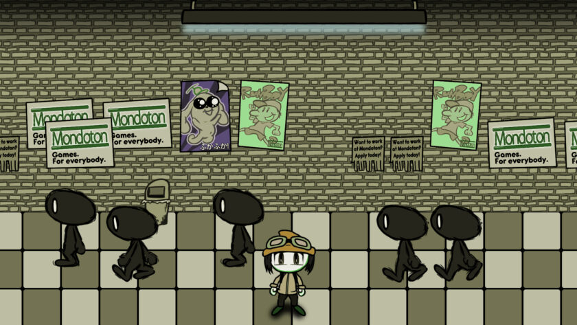 An image from MonCon featuring Joey in a train station, with posters on the walls and people walking by him shaped by silhouettes.