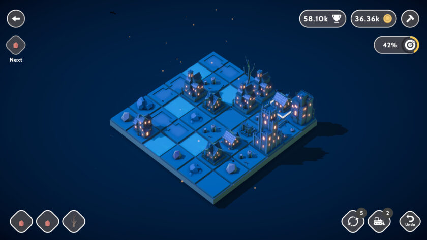 An image from Teeny Tiny Town showing a blue grid with various buildings on it, with lights on the building which creates a sore of twilight environment.