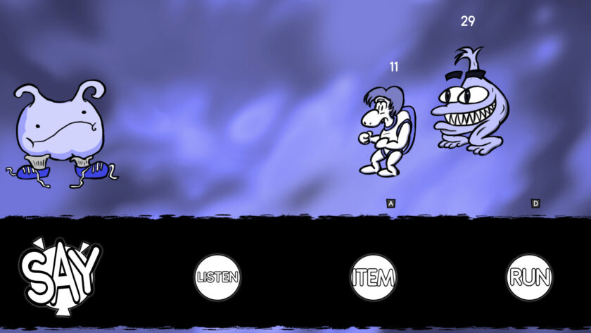 An image from MonCon showing a purple background and Joey faced off against a light purple monster.