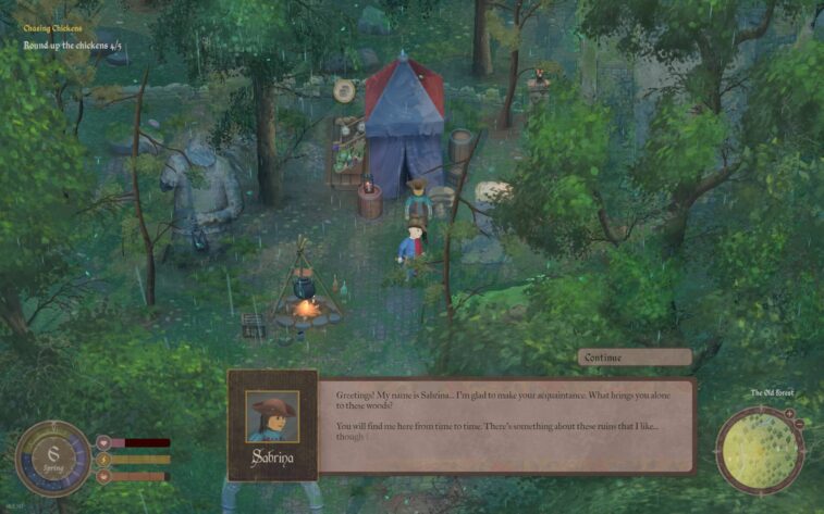 Mirthwood talking to a trader in the woods, with a tent in the background