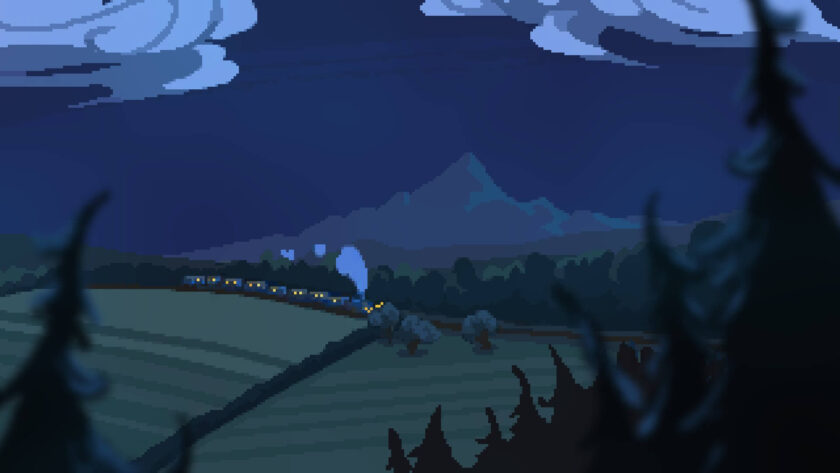 Loco Motive steam train crossing fields in the night