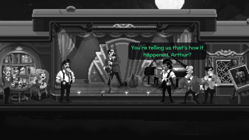 Loco Motive black and white scene with police detectives and an empty stage