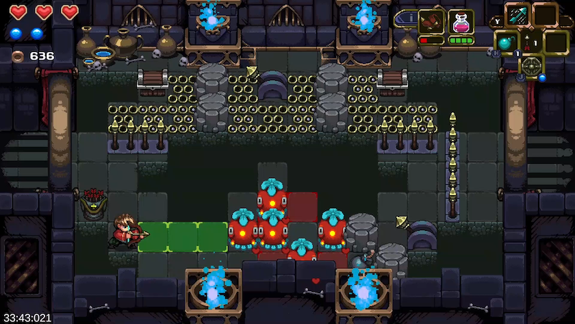 Zeyn readies an arrow in a room full of spike traps and stones.
