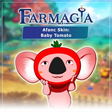 A promotional image for Farmagia featuring the "Afanc Skin: Baby Tomato." The character is a cute, koala-like creature wearing a tomato-themed costume with a red, round tomato head, green leafy stem on top, and a big black nose. The background is a blurred farm setting, adding a vibrant countryside atmosphere to the playful skin reveal. Published on: LadiesGamers.