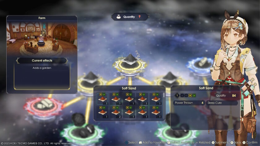 The farm customization screen in Atelier Ryza 3, where players can enhance their atelier with features like adding a garden. The selected material, "Soft Sand," and its traits like "Power Throw+" and "Sleep Cure" are highlighted. Published on: LadiesGamers.
