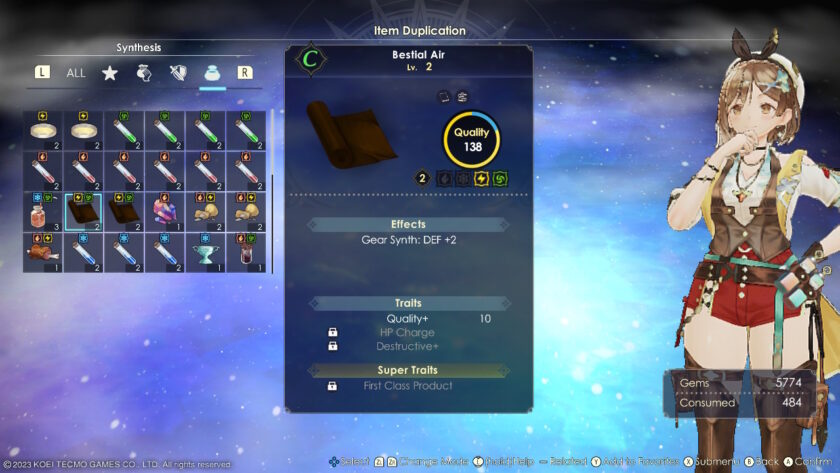 An item duplication screen in Atelier Ryza 3, featuring the "Bestial Air" item with its traits and synthesis effects clearly displayed. Ryza appears on the right, contemplating her next move. Published on: LadiesGamers.
