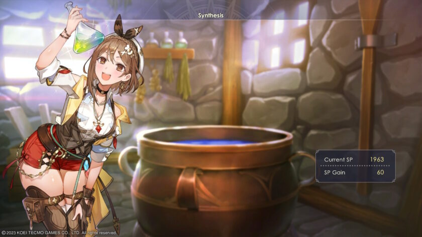 Ryza enthusiastically holding a flask of green liquid while standing next to a large alchemy cauldron in Atelier Ryza 3. The warm, inviting workshop background adds to the charm of this synthesis moment. Published on: LadiesGamers.