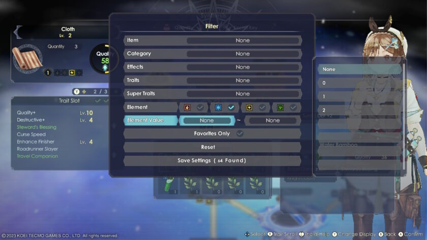 The trait filter menu in Atelier Ryza 3, where players can refine their ingredient search by element, category, or effects to optimize synthesis results. The highlighted item is "Cloth," with detailed traits like "Quality+" and "Steward's Blessing." Published on: LadiesGamers.