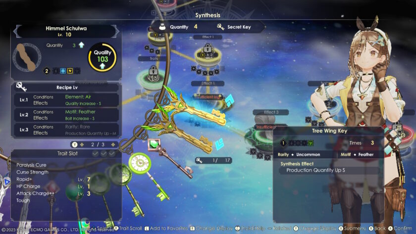 A synthesis interface in Atelier Ryza 3, showcasing the creation of a "Tree Wing Key." The player selects traits and effects, aiming for high-quality results, with various alchemy nodes and item details visible. Published on: LadiesGamers.