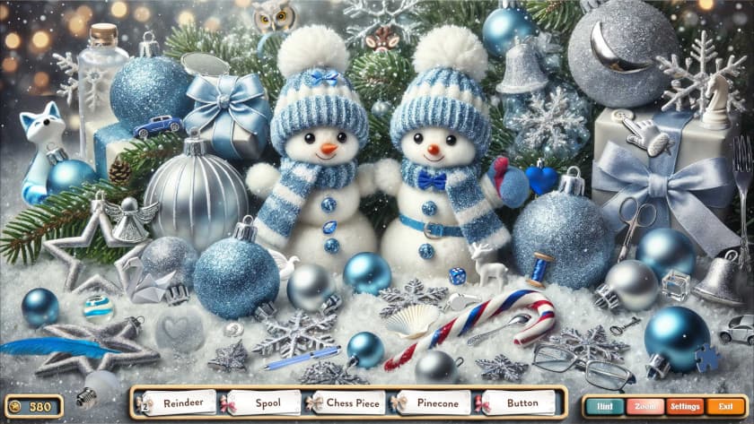 A hidden object puzzle with a snowy theme.