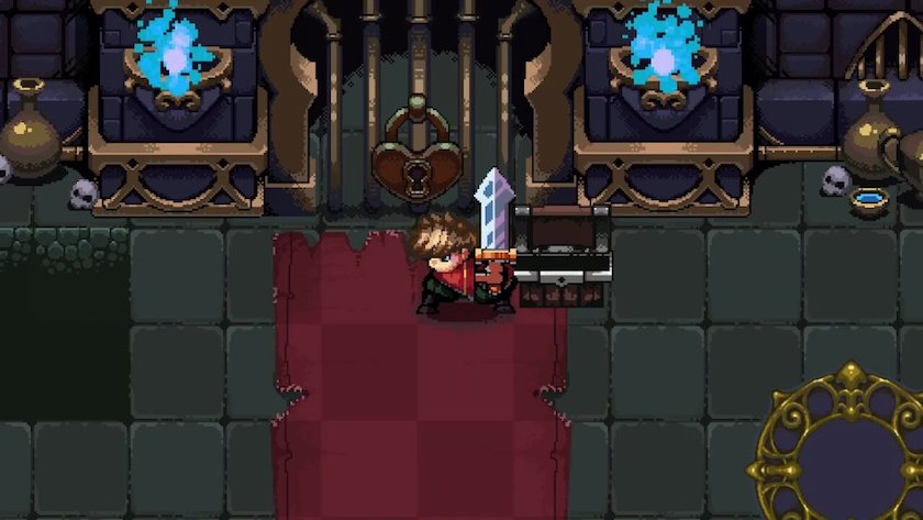 Close up of Zeyn and an empty treasure box outside an obvious boss gate.