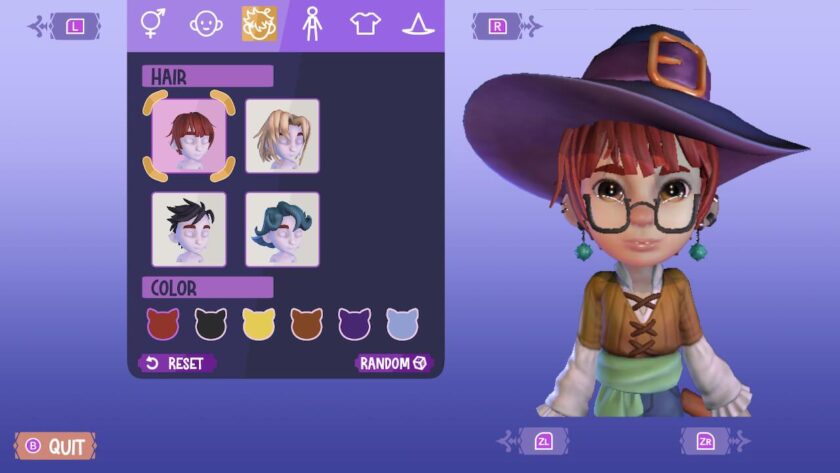 Customisation menu, hair tab selected. There are four different hair styles to choose from and 6 different colours, including red, black and purple. Published on: LadiesGamers