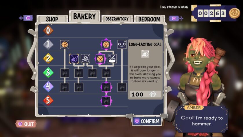 Upgrade menu, with various options available at the different ranks. Amber is saying “Cool! I'm ready to hammer.” Published on: LadiesGamers
