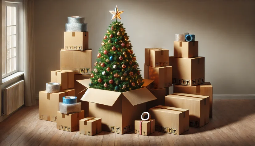 A Christmas tree partially packed in a large moving box, with its top peeking out and adorned with ornaments and a star. Surrounding the tree are several plain moving boxes of varying sizes, along with scattered packing materials like bubble wrap. The scene is set in a simple, undecorated room with soft, warm lighting, creating a realistic and cozy moving-day atmosphere. Published at LadiesGamers.com