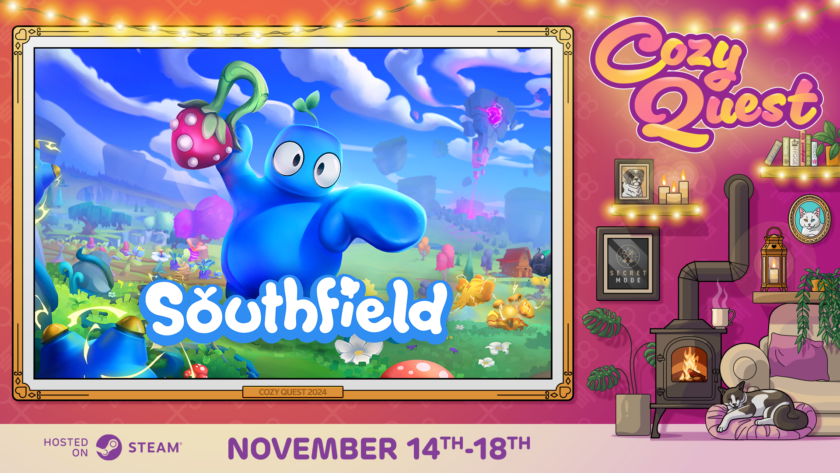 Promotional image for Southfield during Cozy Quest, showcasing a cozy setting with a lively, whimsical atmosphere. The scene features a cheerful, blue blob-like creature holding a strawberry in a vibrant, cartoonish landscape filled with colorful plants, clouds, and floating islands. To the right, a warm room setting includes a crackling fireplace, a sleeping cat on a cushion, candle-lit shelves with books and pet portraits, and string lights. Below, event dates “November 14th-18th” are highlighted. Published on: LadiesGamers.