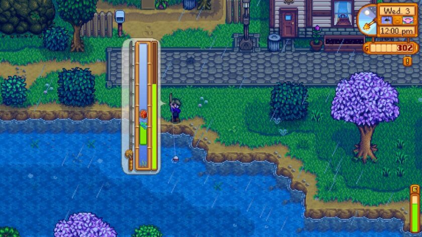 My character fishing in the town river, there is a gauge with a green meter to the side and a fish picture with green bar in the centre. There is also a little picture of a treasure chest inside the gauge. Published on: LadiesGamers