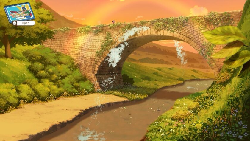 An idyllic, sunset view Shin chan: Me and the Professor on Summer Vacation of a stone bridge with water cascading down its sides into a gentle stream below. The bridge is covered in ivy and set against a glowing sky tinged with orange and pink, while green hills roll into the distance, creating a picturesque scene of a summer evening in the countryside. Published on: LadiesGamers.