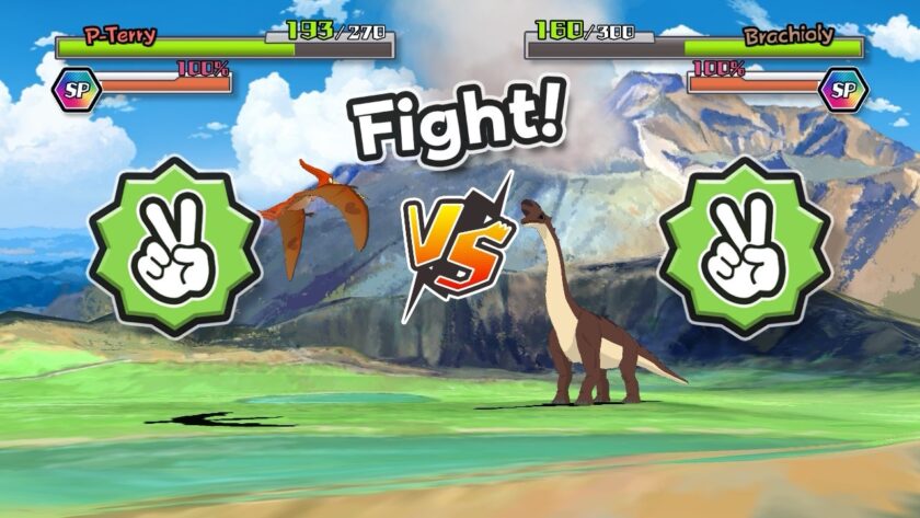 In a playful, turn-based battle sequence, Shin-chan’s pterosaur, "P-Terry," faces off against a towering brachiosaurus, "Brachiohy." The screen features health bars, special points (SP), and an animated "Fight!" graphic with victory symbols, set against a scenic mountain backdrop, giving a fun twist to the game’s dinosaur encounters. Published on: LadiesGamers.