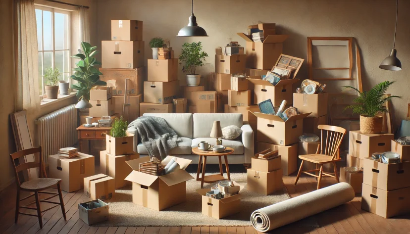 A cozy living room filled with cardboard boxes and packing materials, suggesting a house in the process of being packed for a move. The space is warmly lit by sunlight streaming through a large window, and plants, books, and household items are neatly organized or partially packed. A comfortable sofa and a small round coffee table remain in use amidst the chaos. Published on: LadiesGamers.
