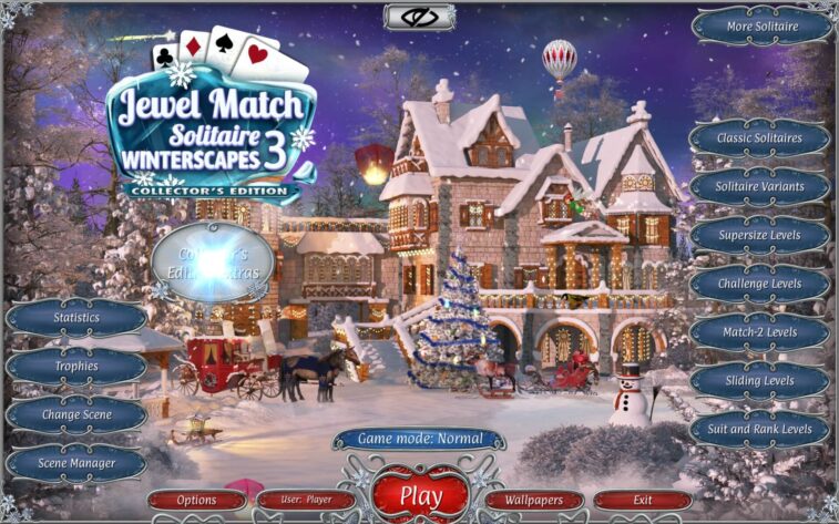 Jewel Match Solitaire the main menu of Jewel Match Solitaire Winterscapes 3 - Collector's Edition