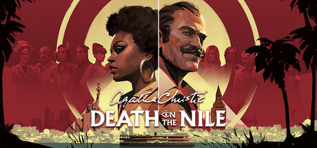 The cover art for Agatha Christie – Death on the Nile features two central characters, a woman with a stylish afro hairstyle on the left and a man with a mustache on the right, both in profile facing opposite directions. Behind them is a red and beige background with silhouettes of other characters and iconic Egyptian imagery, including palm trees, pyramids, and a boat sailing on the Nile River. The title "Agatha Christie Death on the Nile" is prominently displayed in white and beige lettering. Published on: LadiesGamers.