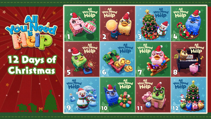 A festive promotional image for All You Need Is Help! featuring the "12 Days of Christmas" theme. The image is divided into twelve panels, each displaying colorful, holiday-themed characters or items, such as animals dressed in Santa hats, a decorated Christmas tree, wrapped gifts, and a piano with festive notes. Each day is numbered, and all panels are set against vibrant red and green holiday backgrounds. Published on: LadiesGamers.