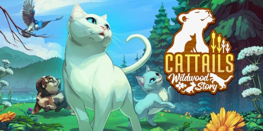 White cat with two kittens playing. There are mountains, lake and trees in the background. The Cattails logo has shadow cats surrounding it. Published on: LadiesGamers